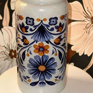 Floral Blue and Orange Decorative white glitter 16oz cup
